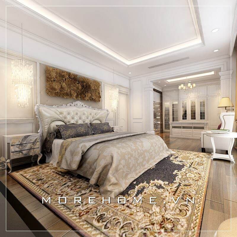 Thiết kế giường ngủ Master tân cổ điển sang trọng, màu sắc nhẹ nhàng tinh tế không quá cầu kỳ tạo cảm giác thư thái và nhẹ nhàng trong mỗi giấc ngủ